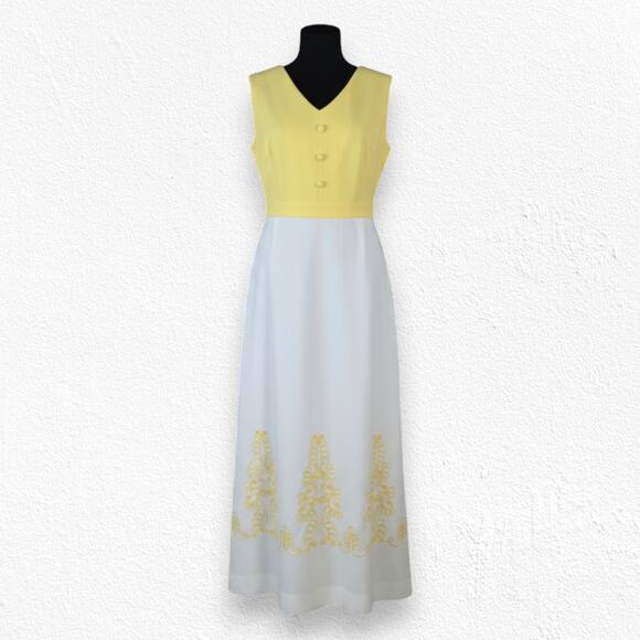 60s Vintage Yellow White Crimplene Embroidery USA Edith Flagg Maxi Dress Size 8 - Picture 1 of 13